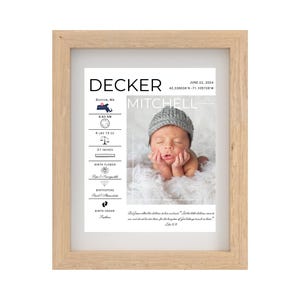 Op de afbeelding: Een ingelijst afdruk met een babyfoto, geboortegegevens en een citaat over kinderen. De afdruk bevat de naam van de baby, Decker Mitchell, de geboortedatum, de tijd, het gewicht, de lengte, de geboortebloem, de geboortesteen en de geboortevolgorde. Het citaat is uit Lukas 18:16.