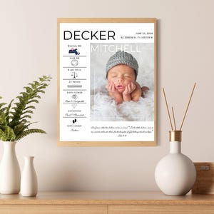 Op de afbeelding: Een afdrukbare geboorteaankondigingposter met een zwart-wit ontwerp. De poster toont een foto van een babyjongen, de naam van de baby "Decker Mitchell", de geboortedatum "22 juni 2024", de locatie "Boston, MA", het gewicht van de baby "8 lbs 13 oz", de lengte van de baby "21 inch", de geboortebloem van de baby, de geboortesteen van de baby en de geboortevolgorde van de baby. De poster bevat ook een citaat uit de Bijbel: "Want ik weet welke plannen ik voor jullie heb..." - Jeremia 29:11.