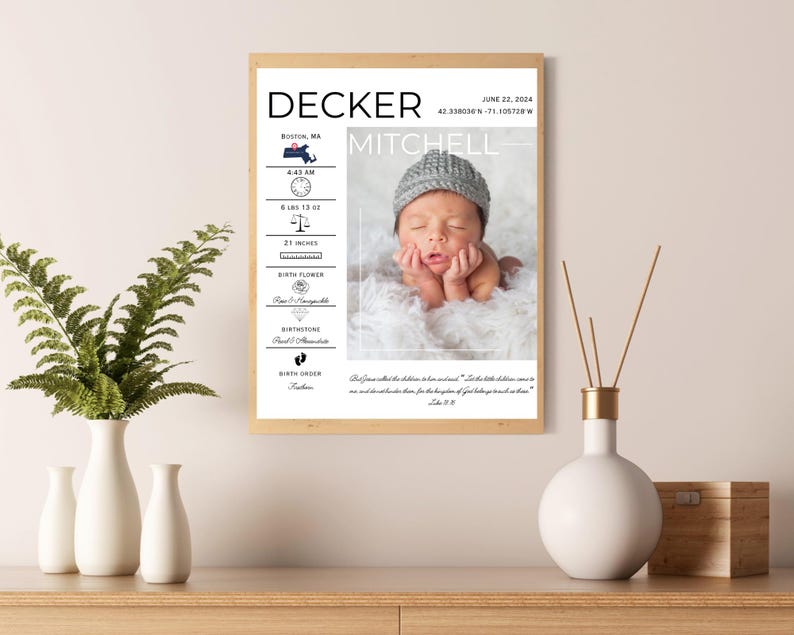 Op de afbeelding: Een afdrukbare geboorteaankondigingposter met een zwart-wit ontwerp. De poster toont een foto van een babyjongen, de naam van de baby "Decker Mitchell", de geboortedatum "22 juni 2024", de locatie "Boston, MA", het gewicht van de baby "8 lbs 13 oz", de lengte van de baby "21 inch", de geboortebloem van de baby, de geboortesteen van de baby en de geboortevolgorde van de baby. De poster bevat ook een citaat uit de Bijbel: "Want ik weet welke plannen ik voor jullie heb..." - Jeremia 29:11.