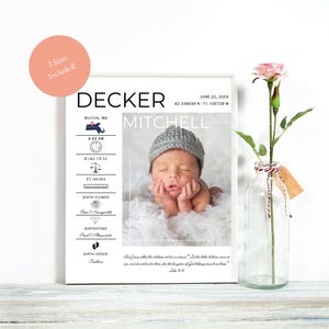 Op de afbeelding: Een witte printbare geboorteaankondiging met een foto van een babyjongen die een grijze gebreide muts draagt. De aankondiging bevat de naam van de baby, de geboortedatum, de tijd, het gewicht, de lengte, de geboortebloem, de geboortesteen en de geboortevolgorde. De tekst "Wees er zeker van dat alles wat de kinderen zullen erven, wij erfgenamen van het koninkrijk van God door Christus zijn" is opgenomen uit Lukas 12:32.