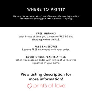 Op de afbeelding: Tekstoverlay op een witte achtergrond met de woorden "WHERE TO PRINT?" in zwart. De tekst hieronder legt uit dat de winkel samenwerkt met Prints of Love om snelle, hoogwaardige en betaalbare printen aan te bieden met gratis verzending binnen 2-3 dagen. De tekst vermeldt ook gratis verzending en enveloppen bij bestellingen, en dat elke bestelling een boom plant. De tekst eindigt met "View listing description for more information!" en een hartlogo met de woorden "prints of love".