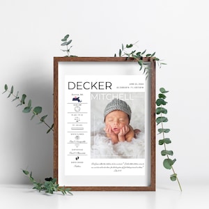 Op de afbeelding: Een bruine ingelijste print met witte tekst en een foto van een baby. De tekst luidt "Decker Mitchell" en bevat de geboortedatum van de baby, de tijd, het gewicht, de lengte en andere details. De foto toont de baby met een grijze muts op een witte deken.