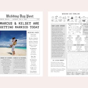 May include: A wedding announcement in the style of a newspaper with a photo of the couple on the beach. The headline reads "Marcus & Kelsey are getting married today". The announcement includes details about the wedding party, the order of events, and a timeline of the day. The couple's love story is also included, along with a map showing where guests traveled from.