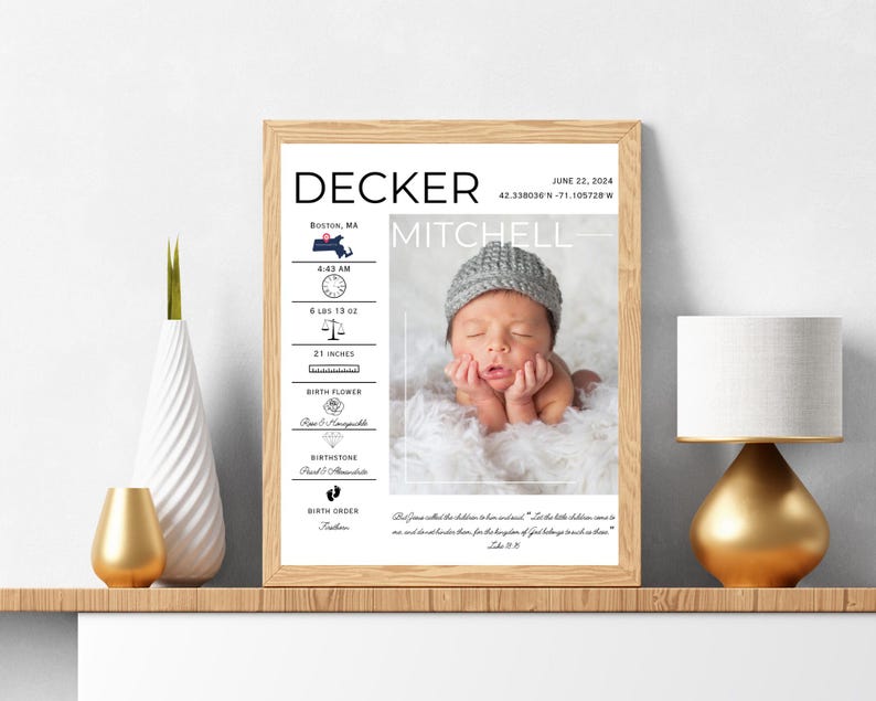 Op de afbeelding: Een zwart-witte printbare geboorteaankondiging voor een babyjongen genaamd Decker Mitchell. De aankondiging bevat de geboortedatum van de baby, de tijd, het gewicht, de lengte, de geboortebloem, de geboortesteen en de geboortevolgorde. Het bevat ook een foto van de baby die slaapt op een wit, pluche deken.