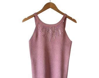 Vintage Y2K CACHE Pink Dusty Rose Metallic Sequin Bead Pearl Tank Ribbed Sweater Size Large Glam Party