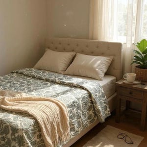 May include: A bedroom scene featuring a bed with a beige tufted headboard, two white pillows, and a patterned quilt in shades of gray and white. A beige throw blanket is draped over the bed. A small wooden nightstand holds a cup and a plant.