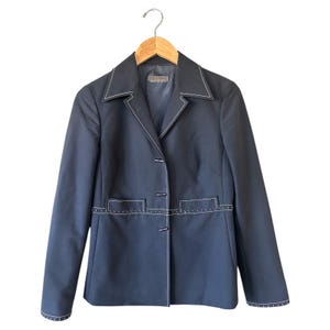 Vintage 1990s Y2K ALBERTA FERRETTI Navy Cotton Blazer Jacket Size 6/8 Medium Stitching Detail Luxury Made in Italy