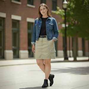 Peut inclure: Une veste en jean bleue portée sur un haut noir, associée à une jupe cargo couleur kaki dotée d'une ceinture noire et de poches latérales. La tenue est complétée par des bottines noires, créant un ensemble coordonné avec des boutons métalliques.