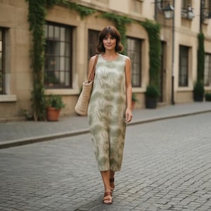 Vintage 1990s ERIC RYAN Sport Canada Green Tropical Maxi Sheath Dress XL Resort Cruise Beach Vacation Palm Leaf Print