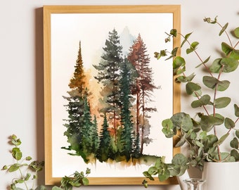 Watercolor Pine Forest Print, Tree Silhouette Art, Instant Download High Res Digital Art, Rustic/Country/Cabin Home Decor, For Any Room Etc