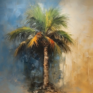May include: A painting of a palm tree with green leaves and a brown trunk against a blue and yellow background.