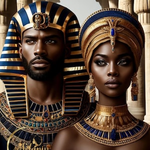 Arte de parede para impressão de reis e rainhas da arte egípcia africana, decoração de realeza negra, impressão para download, arte IA, decoração digital para casa