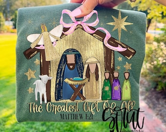 Nativity Scene Gold Foil - Pink Bow - Ivory Mary Watercolor Bow Nativity PNG - Gold Foil Metallic Bow - Christmas Design PNG - Craft Design