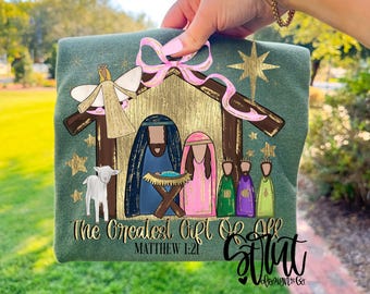 Nativity Scene Gold Foil - Pink Bow - Pink Mary Watercolor Bow Nativity PNG - Gold Foil Metallic Bow - Christmas Design PNG - Craft Design