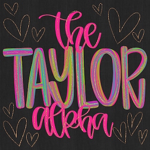 May include: A digital art piece on a black background with the words "The TAYLOR alpha" in vibrant neon colors. The word "TAYLOR" is multi-colored, and "alpha" is in bright pink. Gold hearts are scattered around the text.