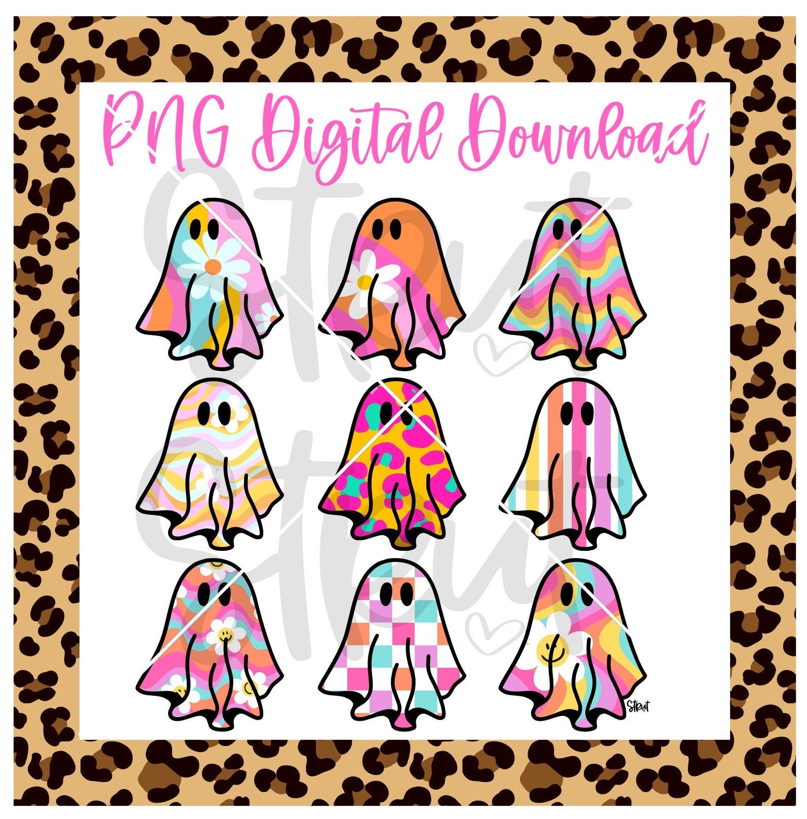 Download digitale PNG fantasma retrò colorato / Set di fantasmi colorati luminosi / Design di Halloween a sublimazione / Download digitale di Halloween Fantasma PNG