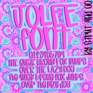 Peut inclure: Graphique numérique avec le texte "JOLEE FONT" en rose vif, bordé de noir, sur fond bleu clair. Il comprend des chiffres et la phrase "THE QUICK BROWN FOX JUMPS OVER THE LAZY DOG". Le fond est un motif floral.