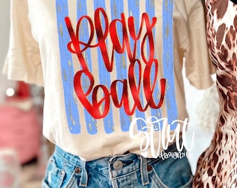 Play Ball - Blue Striped Red Foil - Cute Softball Baseball PNG  - Gold Foil Design Baseball Design PNG - PNG Craft Design