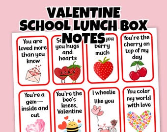 Printable School Lunch Box Notes for Kids, Valentine Lunch Box Notes, Lunch Cards