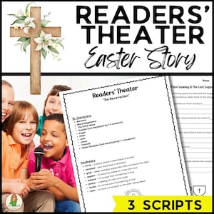 May include: A printable Easter story reader's theater script for kids. The script includes characters like Mary Magdalene, Peter, John, and Jesus. The script is titled "The Resurrection".