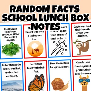 Notes de boîte à lunch imprimables pour enfants, faits aléatoires notes de boîte à lunch, cartes de déjeuner