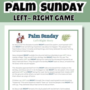 Könnte beinhalten: Eine bedruckte Seite mit dem Titel "Palm Sunday Left-Right Game". Der Text erzählt eine Geschichte über den Einzug Jesu in Jerusalem, wobei die Wörter "links" und "rechts" hervorgehoben werden. Eine Illustration von Jesus auf einem Esel ist enthalten. Grüner Rand.