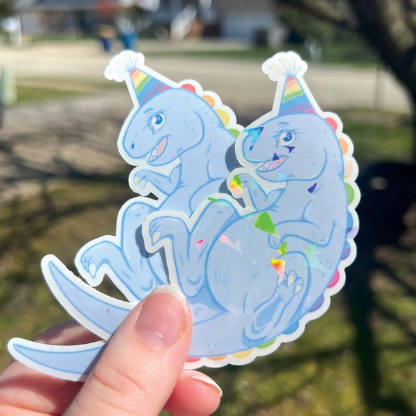 Party Dino | 3.7-in vinyl sticker | water resistant sticker | dinosaur, T-Rex sticker | rainbow holographic sticker | bottle, laptop sticker