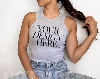 Heather Athletic Bella Canvas 1019 Mockup Micro rib Racer Tank Top Mockup Indoor Real Model Mockup Aesthetic Gray Mockup Preppy lifestyle