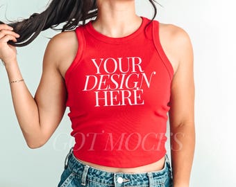 Red Bella Canvas 1019 Mockup, Micro rib Racer Tank Top Mockup, Real Model Mock up, Aesthetic Tank Mockup, Preppy Lifestyle Shirt Mockup