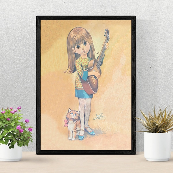 Mid Century Modern Big Eye Kids 8-inch x 10-inch Canvas, Girl Playing Guitar with Cute Cat Watching, Kitschy Wall Decor, GoGo, MCM Art