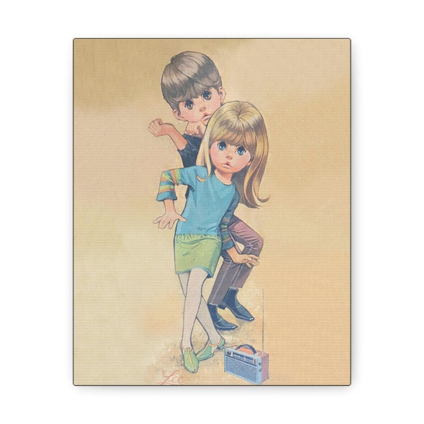 Mid Century Modern Big Eye Kids, Boy and Girl Dancing with Transistor Radio, Matte Poster Three Sizes Available, Kitsch Wall Decor, MCM Art