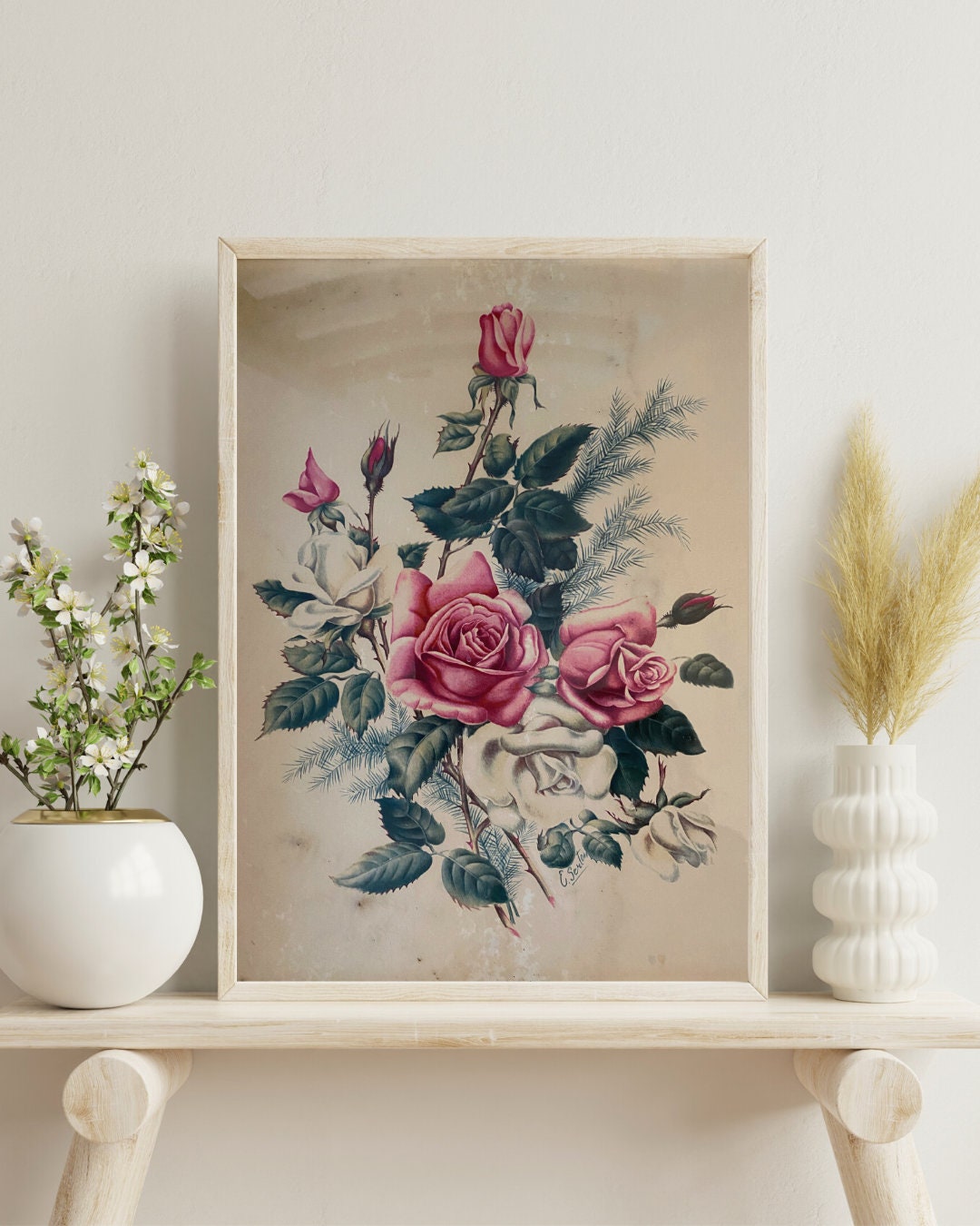 Minimalist Antique Rose Botanical Print, Pink Floral Vintage Style Wall ...