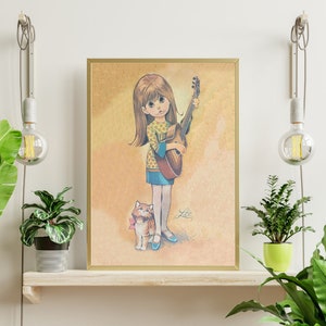 Mid Century Modern Big Eye Kids, Girl Playing Guitar with Cat, Matte Poster Four Sizes Available, Kitsch Wall Decor, GoGo, MCM Art