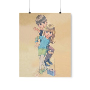 Mid Century Modern Big Eye Kids, Boy and Girl Dancing with Transistor Radio, Matte Poster Three Sizes Available, Kitsch Wall Decor, MCM Art