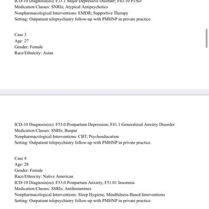 Może przedstawiać: Dokument zatytułowany Women's Health PMHNP Outpatient Telepsychiatry Case Logs (30 Cases) zawierający dane kliniczne dla sześciu przypadków. Każdy wpis zawiera wiek, płeć, rasę, pochodzenie etniczne, diagnozę ICD-10, klasy leków, interwencje i ustawienia.