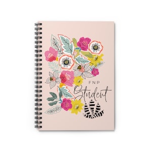 May include: Spiral-bound notebook with a floral design. The cover features a light pink background with a colorful arrangement of flowers in pink, yellow, and green. The text "FNP Student" is written in a script font.