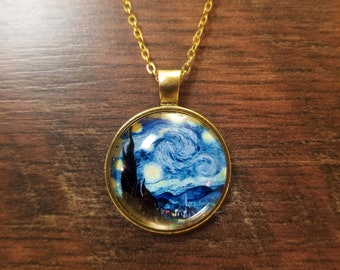 The Starry Night pendant - Vincent Van Gogh art - Blue Jewelry - Blue Necklace  - Vintage - art