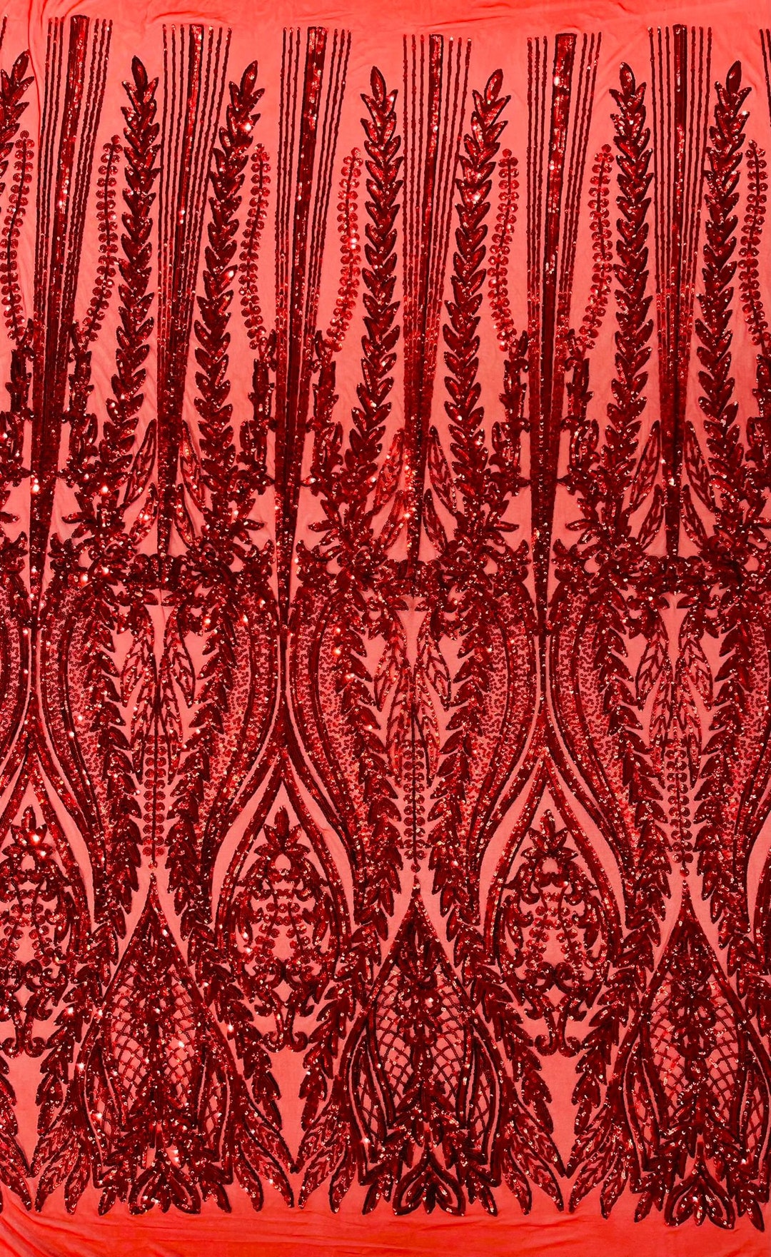New Empire damask design with sequins embroider on a 4 way stretch mesh fabric-sold by the yard. Red main image 0