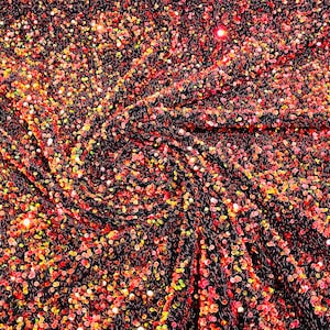 Orange Red  5mm glossy sequin Black stretch velvet fabric-Prom-Nightgown fabric- Sold by the yard.