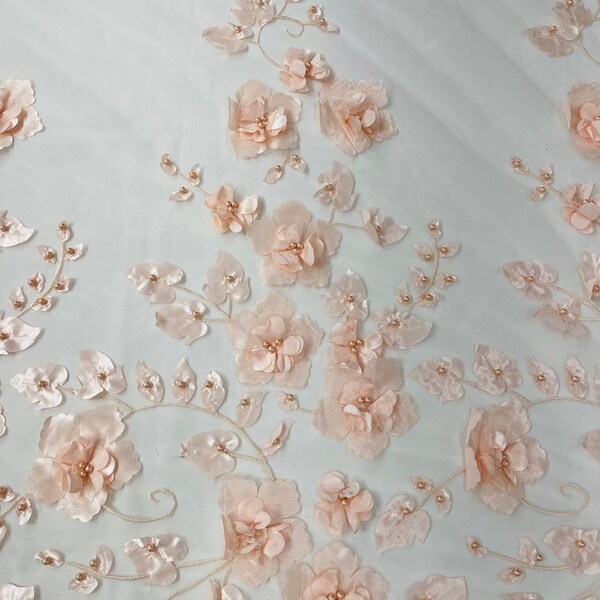 Peach/orange 3d floral design embroider with beads and pearls on a mesh lace-prom-nightgown-sold by yard. main image 0