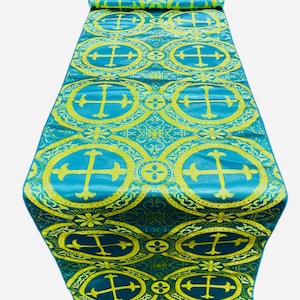 Religious Brocade Runner Tablecloth | Liturgical Fabric | Runner Ecclesiastical Jacquard | Church | Vestment-Cross Brocade. - Turquoise/Gold