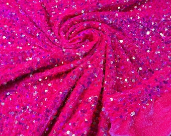 Fuchsia Iridescent shiny 5mm sequin stretch velvet fabric-Prom-Nightgown fabric- Sold by the yard.