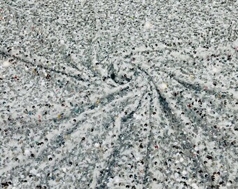 Silver / White shiny 5mm sequin stretch velvet fabric-Prom-Nightgown fabric- Sold by the yard.