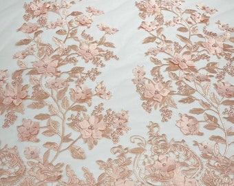 Emily 3-D Floral Design Embroider with Pearls On A Mesh Lace Fabric (1 Yard, Red) main image 1