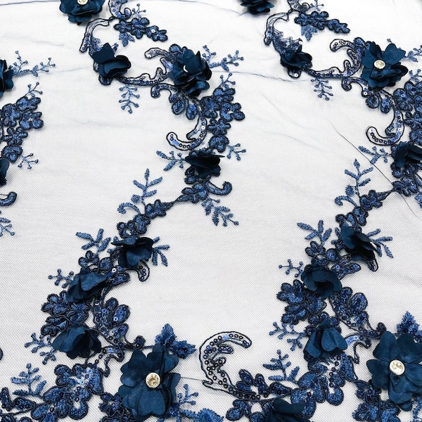 NAVY BLUE FASHION FLORAL DESIGN EMBROIDER WITH SEQUINS AND BEADS ON A MESH-YARD main image 0