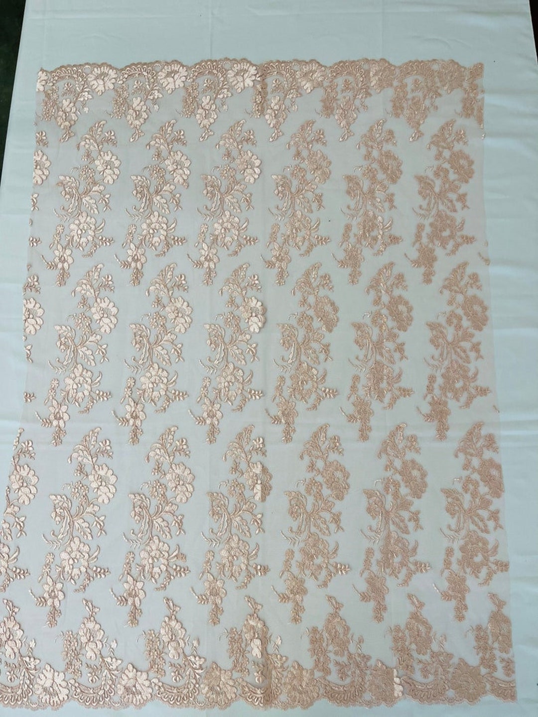 Blush Pink - Floral Design Embroider and Corded on a Mesh Lace Fabric ...
