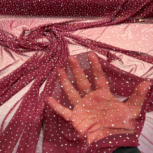 Burgundy - Sheer All Over AB Rhinestones On Stretch Power Mesh Fabric, Sold by The Yard.