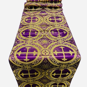 Religious Brocade Runner Tablecloth | Liturgical Fabric | Runner Ecclesiastical Jacquard | Church | Vestment-Cross Brocade. - Purple/Gold