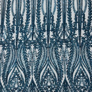 Empire Damask Design with Sequins Embroider On A 4 Way Stretch Mesh Fabric (1 Yard, Navy Blue) main image 0