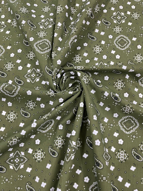 58/59" Wide 65% Polyester 35 percent Cotton Bandanna Print Fabric, Good for Face Mask Covers, Clothing/costume/Quilting Fabric - Olive